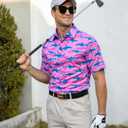 Fanient Men Golf Polo Shirts Short Sleeve 3D Printed Dry Fit Moisture Wicking 4-Way Stretch Summer Athletic Polo Shirts (Pink, L)