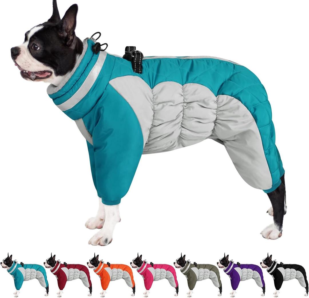 AOFITEE Fullbody Dog Coat Warm Fleece Dog Jacket, Windproof Dogs Winter Coat with Harness Built in, Reflective Turtleneck Dogs Snowsuit Puffer Jacket, Four Legged Snow Suit, Size: Small (Turquoise)