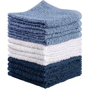 Towel and Linen Mart 100% Cotton - Wash Cloth Set - Flannel Face Cloths, Highly Absorbent and Soft Feel Fingertip Towels (Navy, White & Sky Blue, Pack of 12)