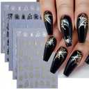 3 x 5 Sheets Halloween Spider Web Nail Stickers for Nail Art 3D Self-Adhesive Spider Web Nail Art Stickers White Black Silver Laser Gold Spider Nail Decals Holiday Nail Design Supplies for Women (W7)