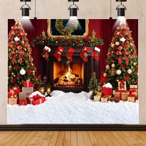 10x8ft Christmas Fireplace Backdrop Xmas Tree Sock Gift Box Photography Background Christmas New Year Party Decor Supplies Photo Studio Props (Red)