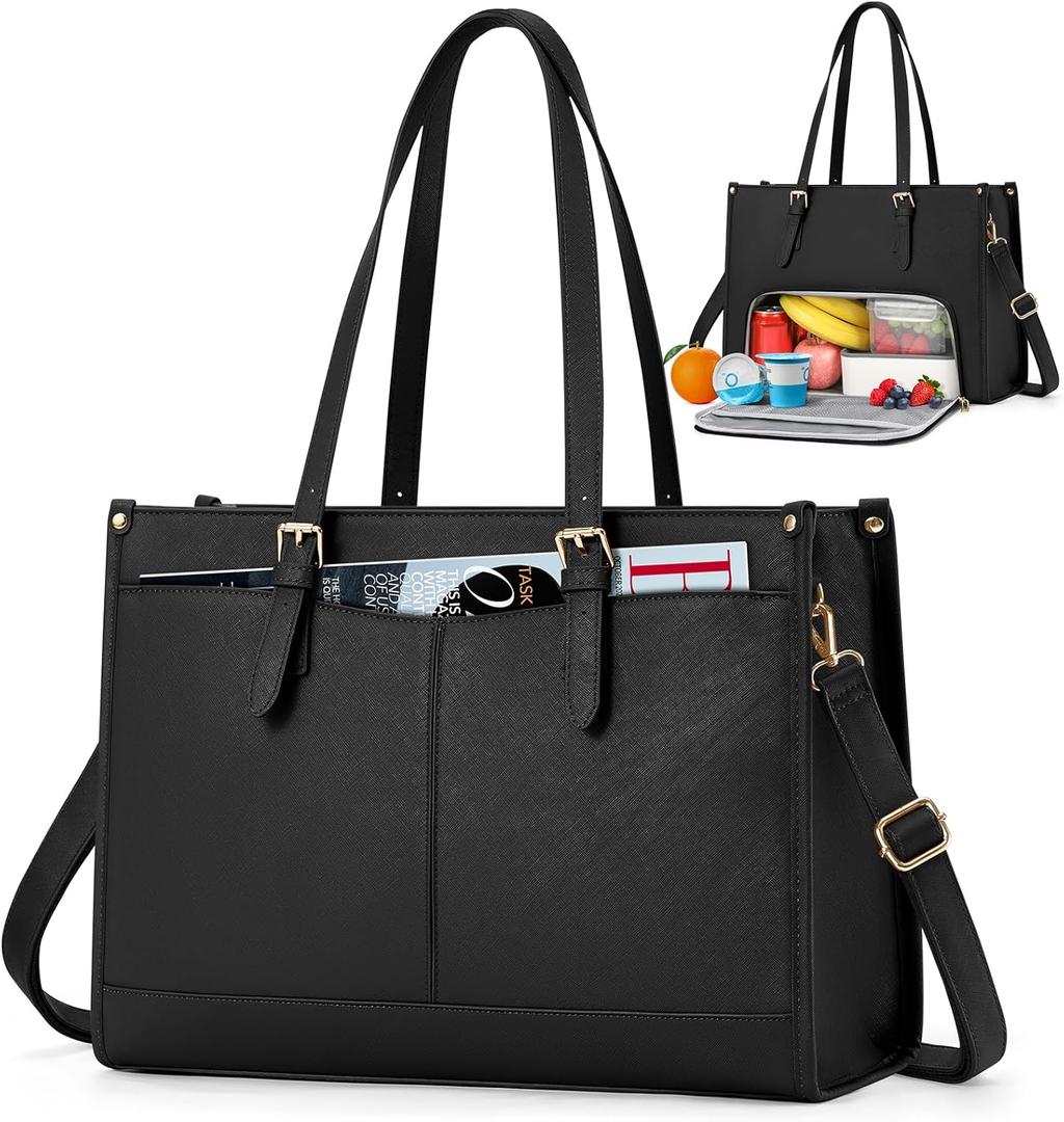 Lunch Tote Bag for Women 15.6 Inch Laptop Bag with Insulated Lunch Compartment Leather Quilted Computer Tote for Teacher Work (Black)