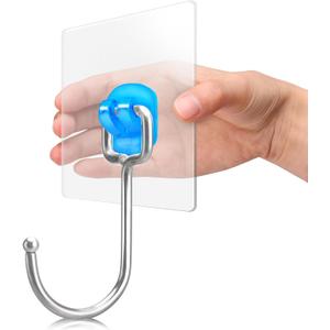 Antimbee Large Adhesive Hooks for Hanging, 20-Pack Heavy Duty Hooks 37 lb(Max), Adhesive Wall Hanger fit Home, Bathroom, Kitchen, Office and Outdoor (Transparent Blue)