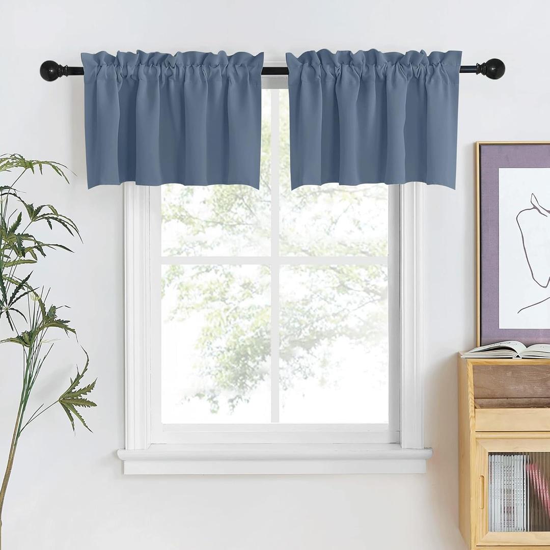 NICETOWN Stone Blue Short Valances for Kitchen, Thermal Insulated Farmhouse Window Cover Adjustable Rod Pocket 18 inches Long + 1.6 inch Header Small Valances for Office/Cafe, 2 Panels, 42" Wide