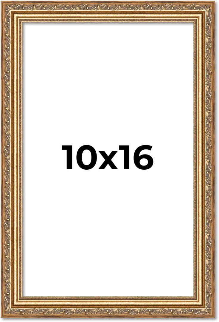 Poster Palooza 10x16 Frame Gold Antique Solid Pine Wood Picture Frame with UV Acrylic Plexiglass, Foam Board Backing & Hanging Hardware Included