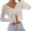 WDIRARA Women's V Neck Button Down T Shirts Lace Trim Long Sleeve Tee Crop Top (White, S)