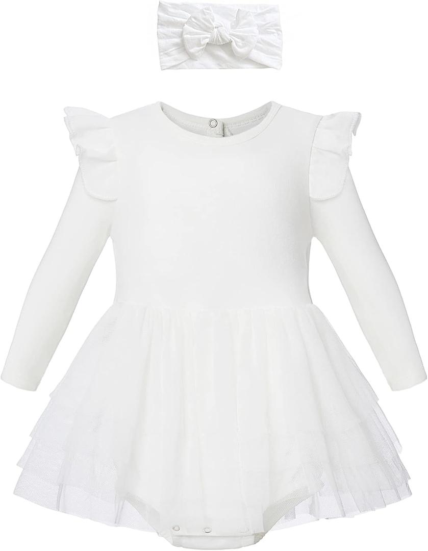 O2 BABY Organic Cotton Baby Girls Tutu Dress Baby's Tulle Dress with Headband Outfit Set (3-6 Months, Long Sleeve Ivory)