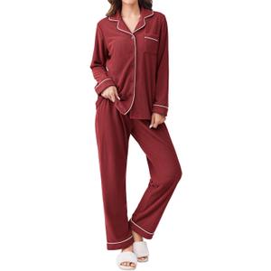 Ekouaer Women's Fleece Pajama Sets Long Sleeve Button Down Two-piece Sleepwear Soft Lounge Set (Small, Maroon Red)