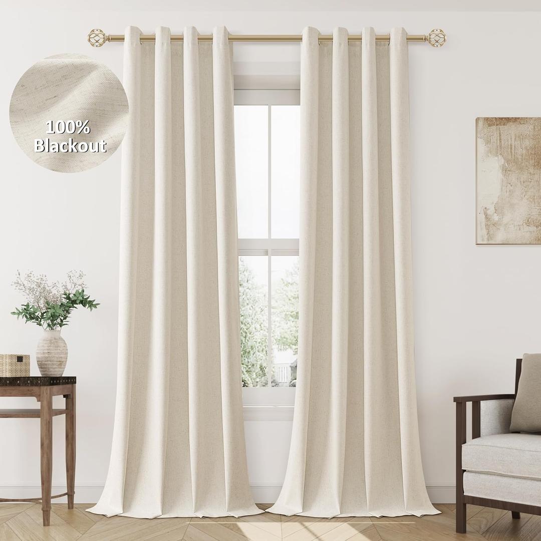 Beige Linen Blackout Curtains 100 Length 2 Panels Set for Living Room Bedroom, 100% Black Out Thermal Insulated Linen Drapes, Room Darkening Grommet Curtains 100 Inches Long