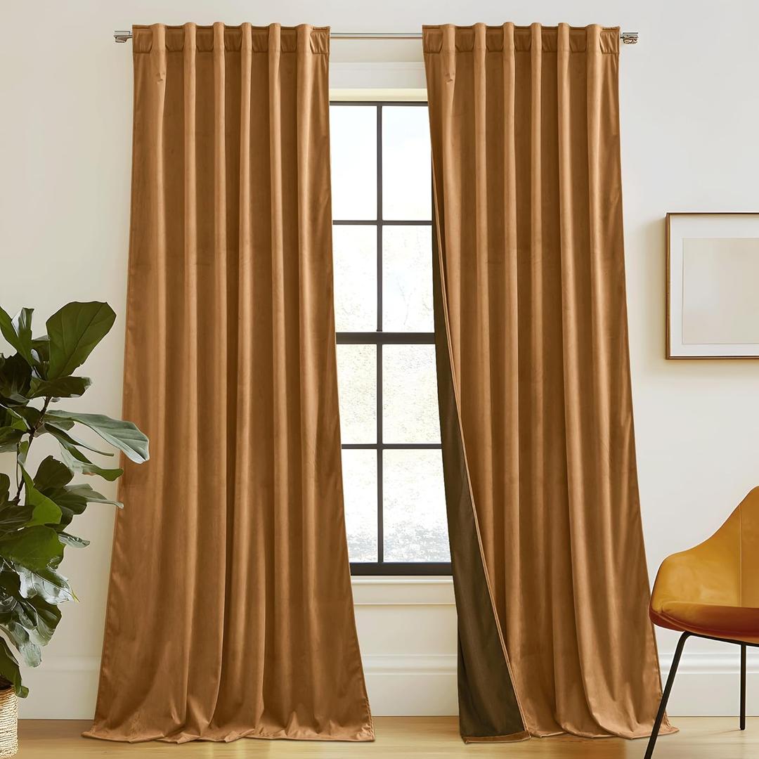RYB HOME Luxurious Bronze Velvet Curtain Panels for Living Room Bedroom, Heavy Duty Thermal Insulated Back Tab Floor-Length Velvet Drapes for Vintage Decor, 52" W x L102 L, 2 Panels Set