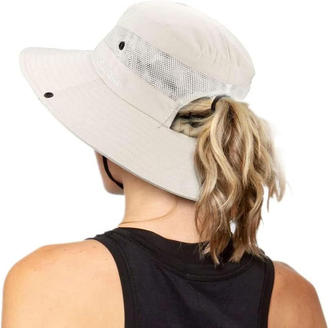 Women's Outdoor UV-Protection-Foldable Sun-Hats Mesh Wide-Brim Beach Fishing Hat with Ponytail-Hole (Beige)