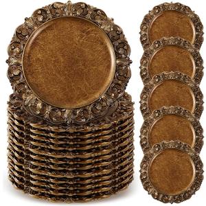 50 Pcs Antique Gold Charger Plates Bulk 13 Inch Embossed Rim Plastic Round Decorative Vintage Plates Charger for Dinner Wedding Party Event Table Setting Decoration (Vintage)