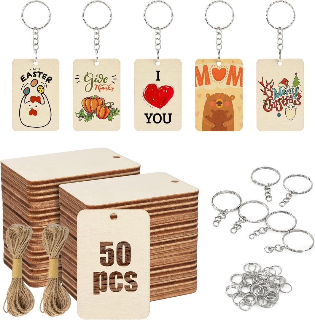 50Pcs Blank Rectangle Wooden Keychain Set, Unfinished Wood Slices with 50Pcs Key Rings, with Jute Rope Wood Keychain Key Tags for DIY Craft Supplies