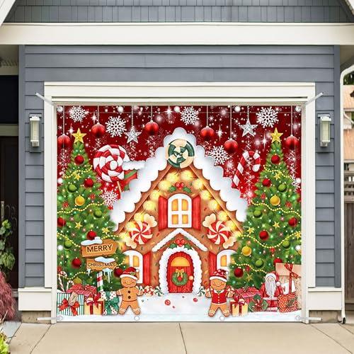 YCUCUEI 1PC 8x7ft Christmas Gingerbread House Garage Door Banner Decorations Winter Merry Xmas Santa Pine Tree Photography Backdrop Home Outdoor Wall Cover Kids Party Supplies