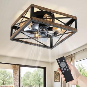 LEDIARY Caged Flush Mount Ceiling Fans with Lights and Remote, Rustic Square Low Profile Ceiling Fan, 6 Speed and Reversible, Small Farmhouse Bladeless Ceiling Fan for Bedroom, Kitchen, Dining Room (Dark Wood Grain)