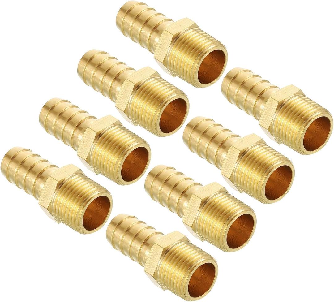 Pack of 8 Brass Hose Barb Fittings Adapter Connector 1/2" Hose Barb to 3/8" NPT Male Fittings for Home Machines, Massage Bathtubs, and Irrigation Systems