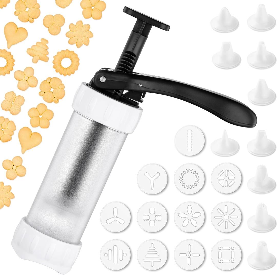 Cookie Press Set, Churro Maker with 12 Discs and 10 Cake Decorating Tips, Cookie Press for Biscuit and Churro, White