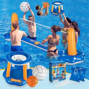 Pool Volleyball Set & Basketball Hoop - 125'' Larger Pool Volleyball Net for Inground Includes 2 Balls & 2 Weight Bags, Pool Toys Game for Kids Teens and Adults - Volleyball Court (125x38x30)