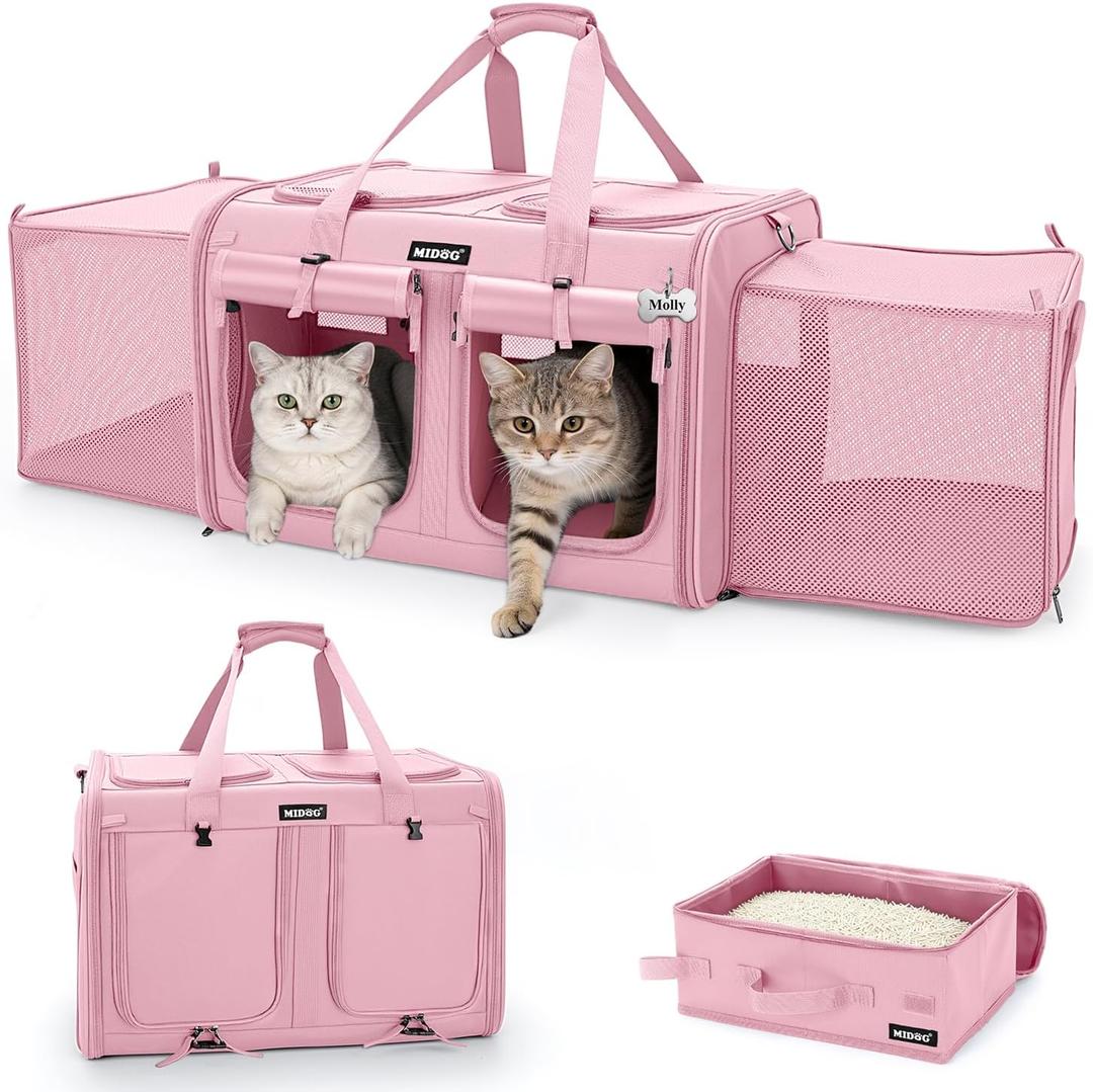 MIDOG Cat Carrier for 2 Cats, Expandable Soft Sided Pet Carrier with Litter Box, Portable Double Compartment Kennel up to 30lbs for Car Travel, Vet Visits, Moving