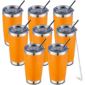 COMOOO 20oz 8 Pack Tumbler Double Wall Vacuum Insulated Coffee Travel Mug Stainless Steel Tumbler Bulk with Lid and Straw Insulated Coffee Cup for Cold & Hot Drinks (Orange, 8 Pack)