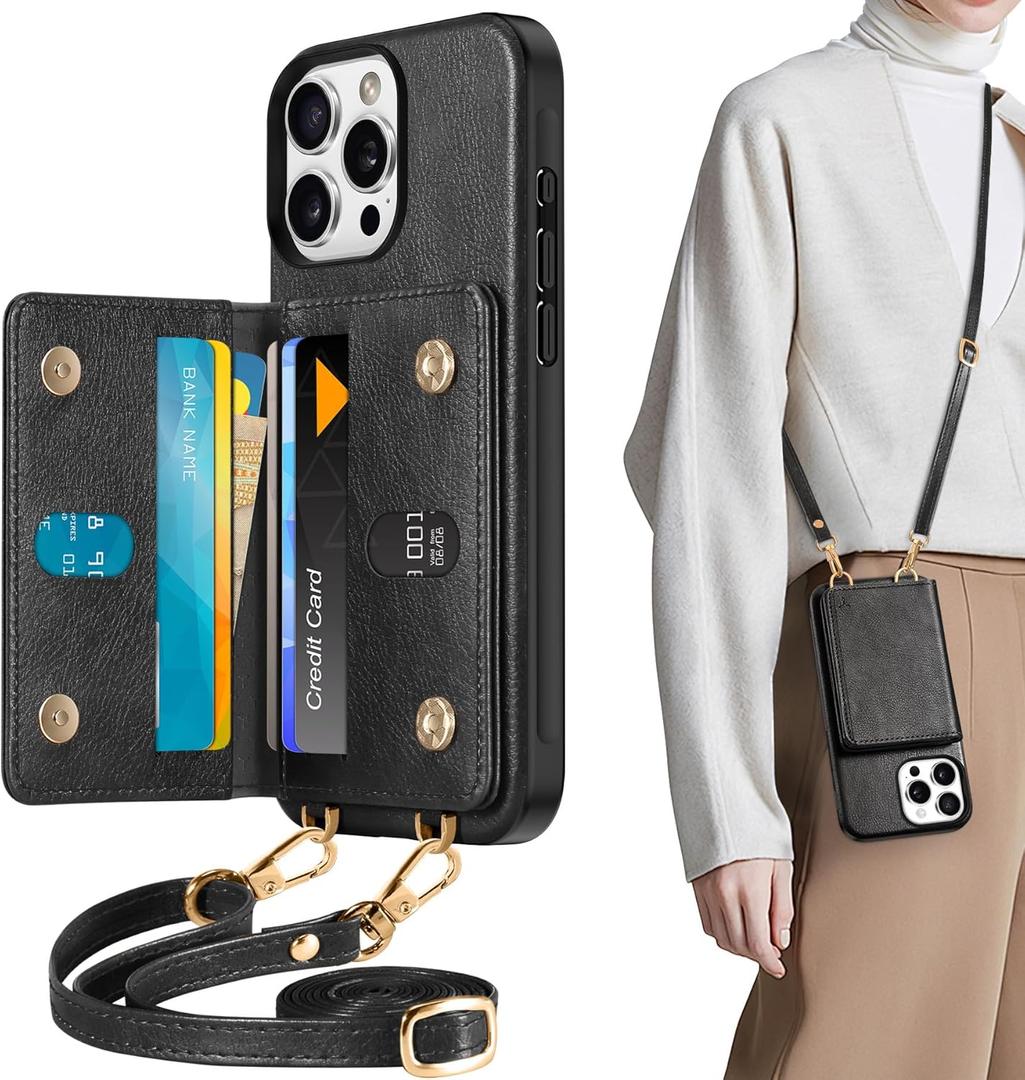 TUCCH Adjustable Crossbody Wallet Case for iPhone 16 Pro Max (6.9"), RFID Blocking [6 Card Slots][Detachable Lanyard], Magnetic Flip Wallet PU Leather Phone Cover for iPhone 16 Pro Max, Textured Black