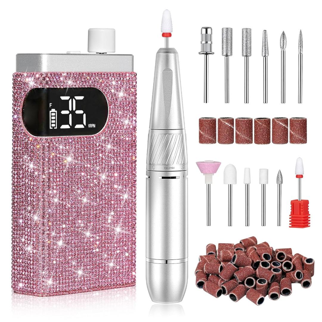 Rechargeable 35000RPM Nail Drill Sparkling Portable Professional Electric Nail File for Acrylic/Gel Nails Professional Nail Tools for Manicure Pedicure, Pink
