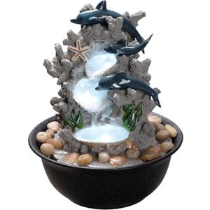 Indoor Tabletop Dolphin Water Fountain with LED Light  Ocean Theme Desk Decor and River Rocks, Relaxing Sound Machine for Sleep & Office, Zen Home Dcor Gift for Women, Living Room Decoration (9 Inch)