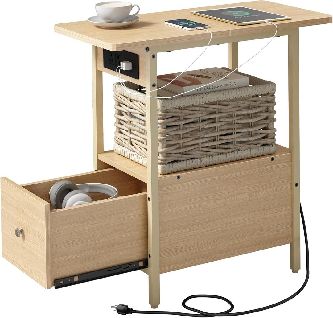 LIDYUK End Table with Charging Station, Narrow Side Table with Drawer and USB Ports & Power Outlets, Nightstand Bedside Tables for Small Spaces, Bedroom, Living Room, Natural (Pack of 1)