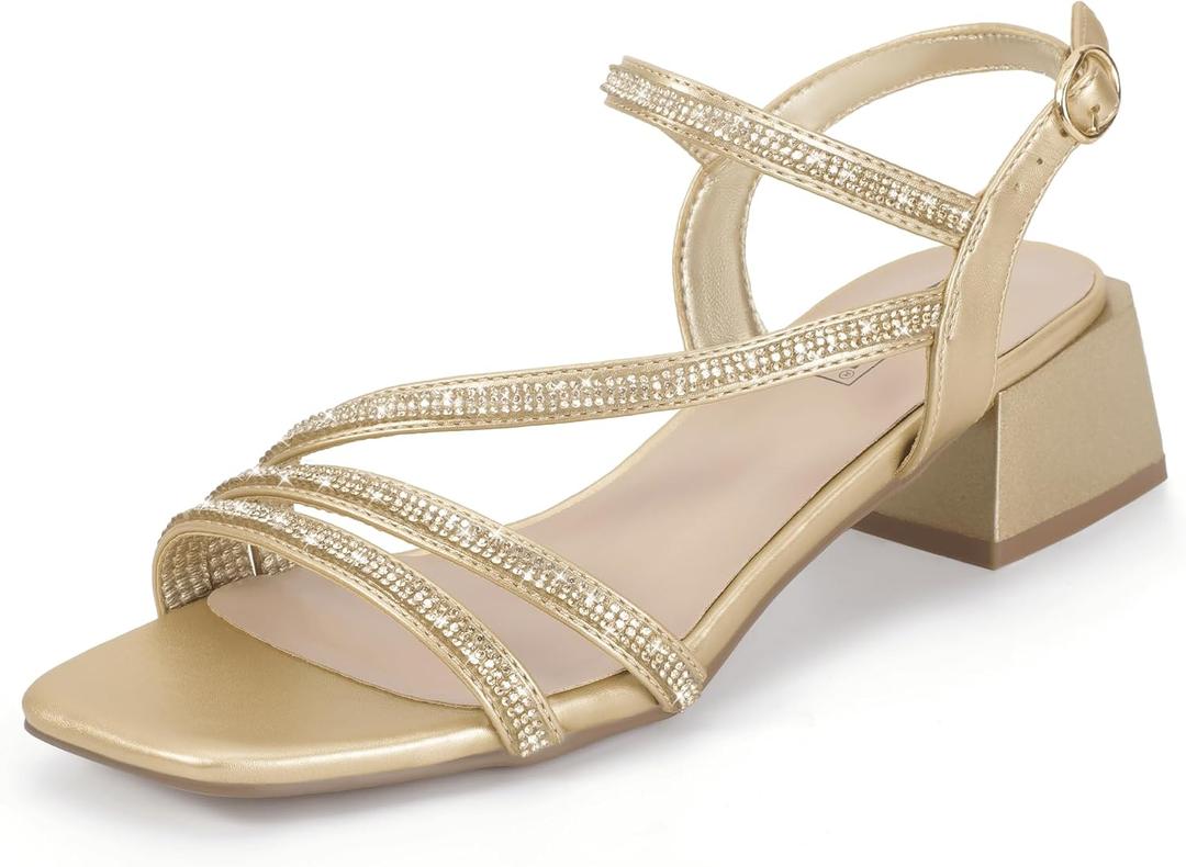 IDIFU IN2 Women's Rhinestone Low Heels Sparkly Dressy Block Heeled Sandals, size 10 (Gold)