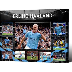 Framed Soccer Superstar Erling Haaland Signed Poster For Kids Fans Room Bedroom Wall Decor-Sports Star Posters Canvas Art Print Picture For Teen Boy Birthday Gifts (12L''X16W'')