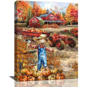 Tijuboni Farmhouse Fall Wall Art Pumpkin Patch Scarecrow Harvest Pictures Decor Autumn Barn Truck Canvas Prints Painting Artwork Home Thanksgiving Gift for Kitchen Bathroom Living Room 12"x16"