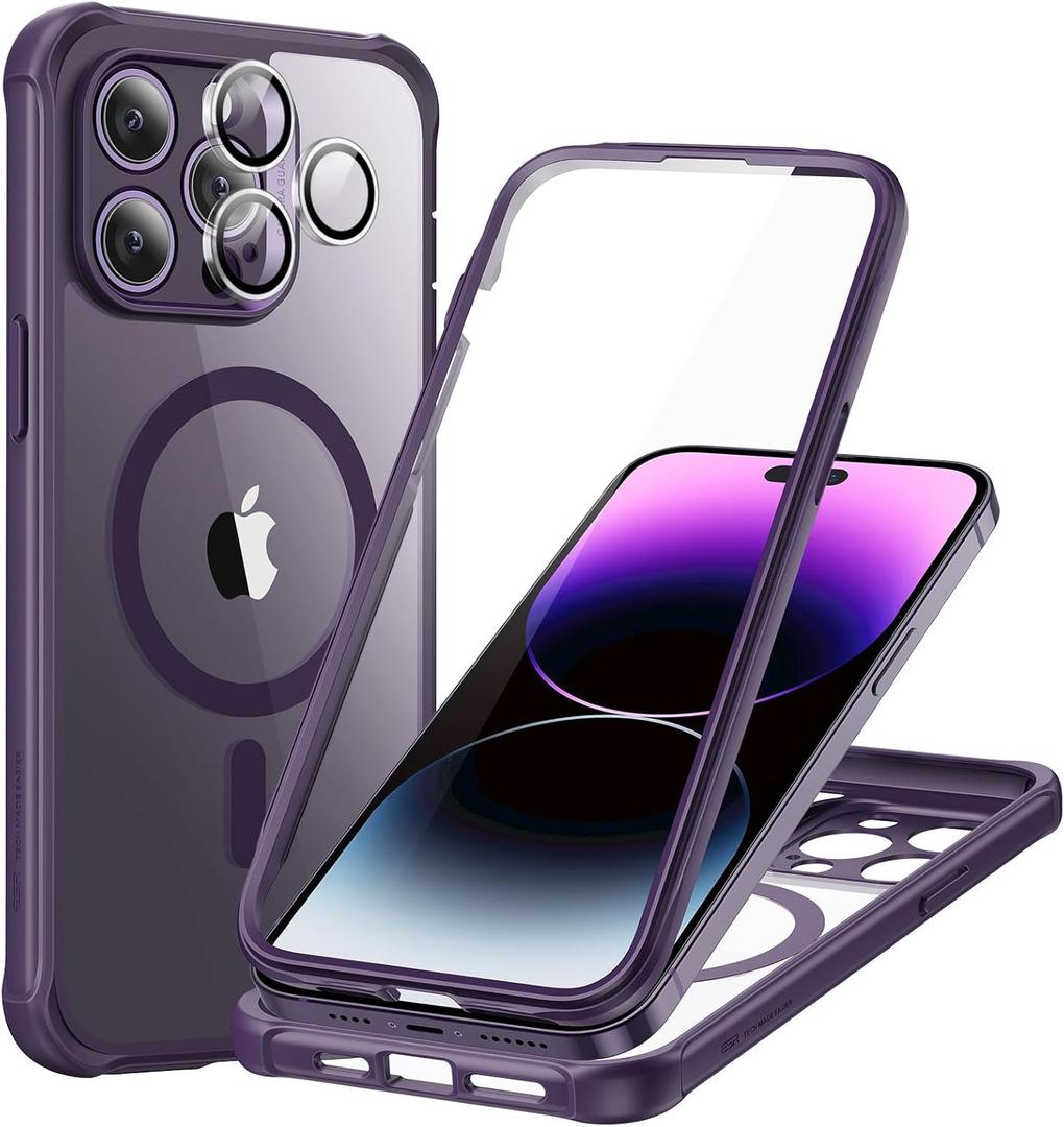 ESR for iPhone 14 Pro Max Case, Compatible with MagSafe, Full-Body Military-Grade Drop Proof Case with Built-in 9H+ Tempered Glass Screen Protector, Armor Series, Clear Purple