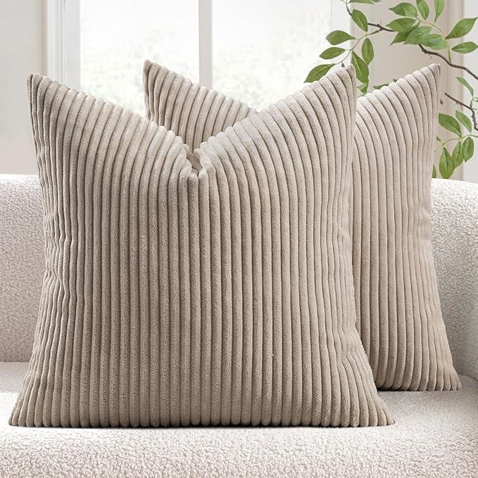 MIULEE Pack of 2 Corduroy Soft Soild Decorative Square Throw Pillow Covers Cushion Cases Pillowcases for Sofa Bedroom Car 16 x 16 Inch Light Brown