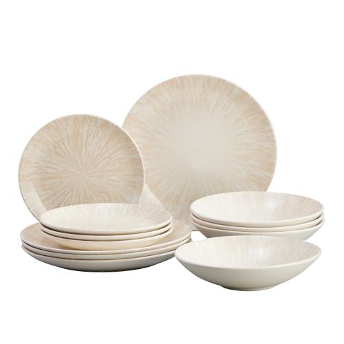 Corona 12-Piece Light Sandy Beige Ceramic Dinnerware Sets, Plates and Bowls, Service For 4, Nyssa