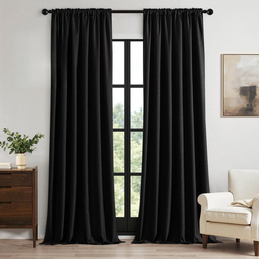 MIULEE 100% Blackout Curtains 108 Inch Long 2 Panels Set for Bedroom, Thick Luxury Faux Linen Black Out Curtain Room Darkening Back Tab Pleat Window Textured Drapes with Hooks for Living Room, Black, Size: 50"W x 108"L