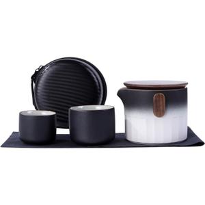 Travel Tea Set, Portable Ceramic Teapot set, 1 Pot 2 Cups Chinese Tea Sets for Adults with Travel Bag, Home/Outdoor and Office Tea Pot set (Black with White)