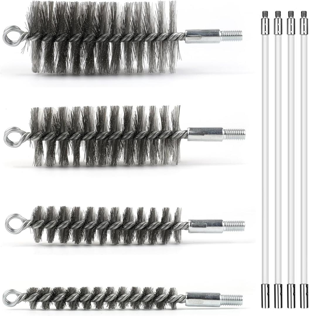 50 in Pipe Cleaning Brush Set with Stainless Steel Bristles, Wire Brush with 4 Flexible Rods, Stainless Steel Pipe Brush 4pcs for Auto Parts, Bottles, Tubes. (3/5, 1, 1 3/5, 2 in Brush Heads)