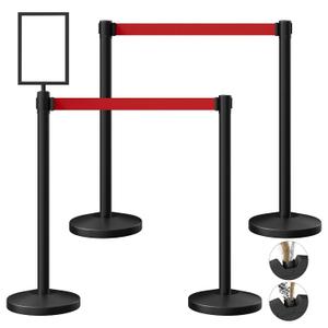 4-Pack Black Stainless Steel Crowd Control Stanchions, 9.8 ft Retractable Red Safety Belts with 1 Sign Holder(Red Belt)