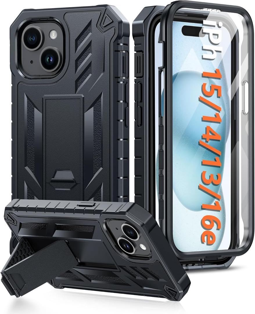 FNTCASE for iPhone 15 Case: for iPhone 14 Case & iPhone 13 Case [Built-in Screen Protector & Kickstand] [Military Grade Drop Protection] Heavy Duty Full Protective Shockproof TPU Phone Cover - Black