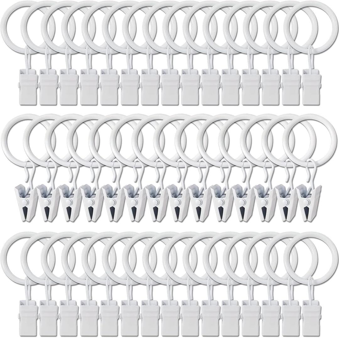 44 Pack Metal Curtain Rings with Clips, Drapery Clips with Rings, Drapes Rings 1 in I D, Fits Diameter 6/8 in Curtain Rod, White