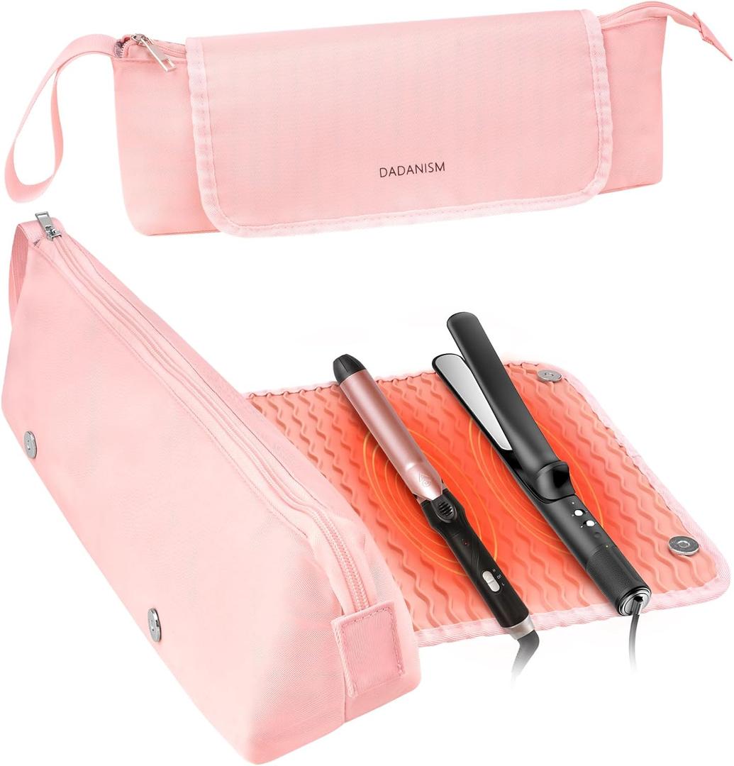 Dadanism Hot Hair Tools Travel Bag with Heat Resistant Mat Removable, Hair Accessories Organizer Case, Women Travel Essentials, Storage Pouch for Curling Iron Straightener Flat Iron HairDryer, Pink