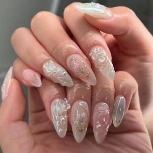 3D Flower Press On Nails Almond Shape  Medium Length Glossy Nude Pink Fake Nails with Pearls & Gold Details, Acrylic Reusable Stick On Nails for Women, Elegant Floral False Nails for Wedding Party (2-Dreamy Flower Shadow)