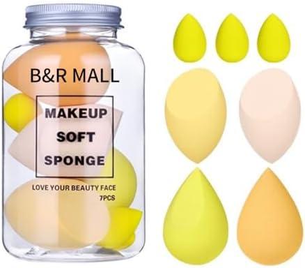 B&R MALL 7pcs Beauty Blender Set – 4 Large & 3 Mini Makeup Sponges in Bottle for Flawless Foundation (Yellow), Set of 3
