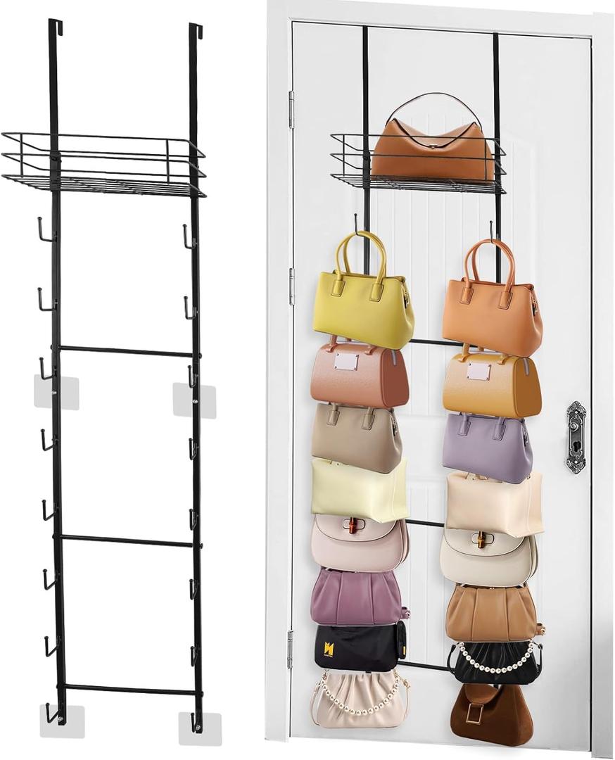 Over The Door Purse Organizer, Hanging Purse Organizer, Wall-Mounted Handbag Storage Rack with 16 Hooks & Metal Basket, Space-Saving 2-in-1 Bag Rack for Door, Closet
