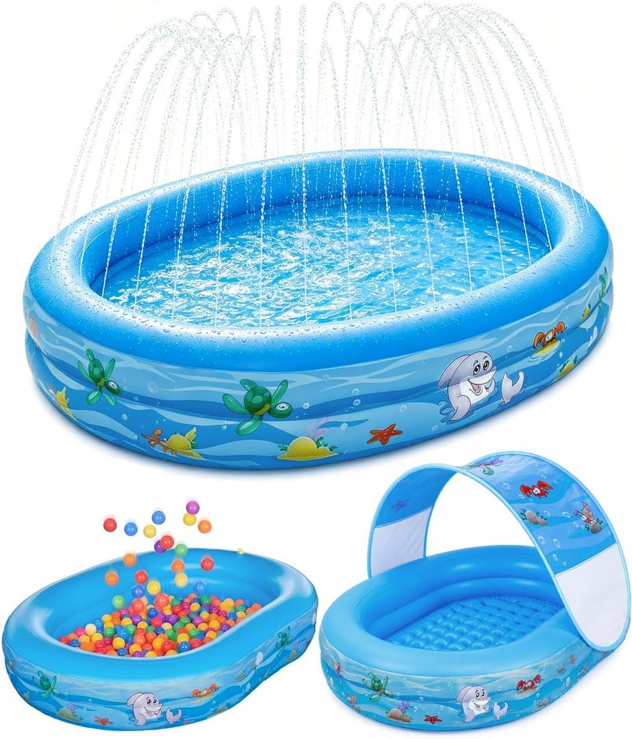 Inflatable Kids Pool with Canopy and Sprinkler 65" x 46", Kiddie Blow Up Pool with Shade Cover for Baby Swimming, Toddler Ball Pit for Backyard Water Fun Indoor Outdoor Summer Toys