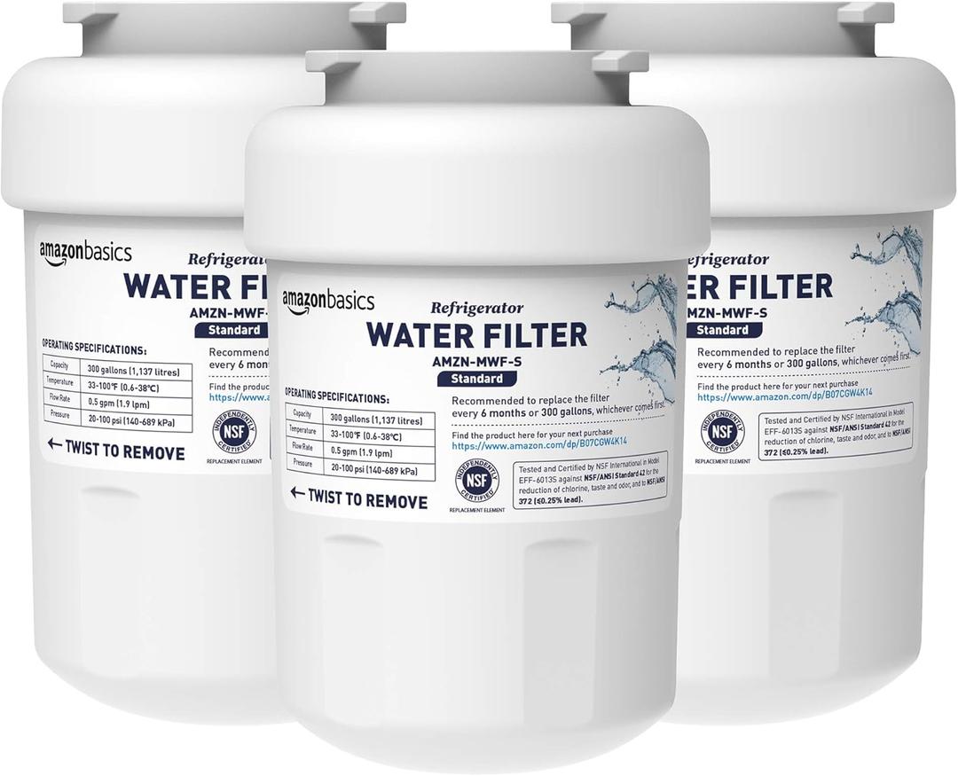 Amazon Basics Replacement Water Filter Cartridge Compatible with GE MWF Refrigerator, NSF Certified, 3-Pack