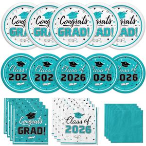 Graduation Teal Party Supplies Kit Graduation Dinner Plates Dessert Plates and Napkins for Congrats Grad Party Decorations, Serves 50