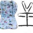 twoworld Baby High Chair Seat Cushion Liner Mat Pad Cover Resistant and High Chair Straps (5 Point Harness) 1 Suit (Blue Animal)