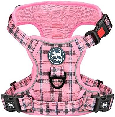 PoyPet No Pull Dog Harness, Reflective Adjustable No Choke Pet Vest with Front & Back 2 Leash Attachments, Soft Control Training Handle for Large Dogs(Checkered Pink,L)