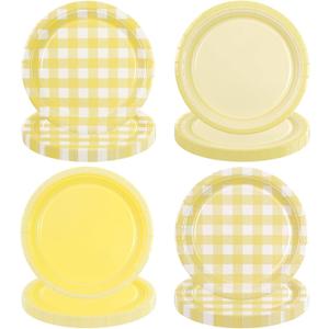 64PCS Yellow Gingham Paper Dessert Plates - 7 Inch Disposable Round Checkered Dinner Plates for Birthday Baby Shower Wedding Picnic Party Supplies, 4 Styles